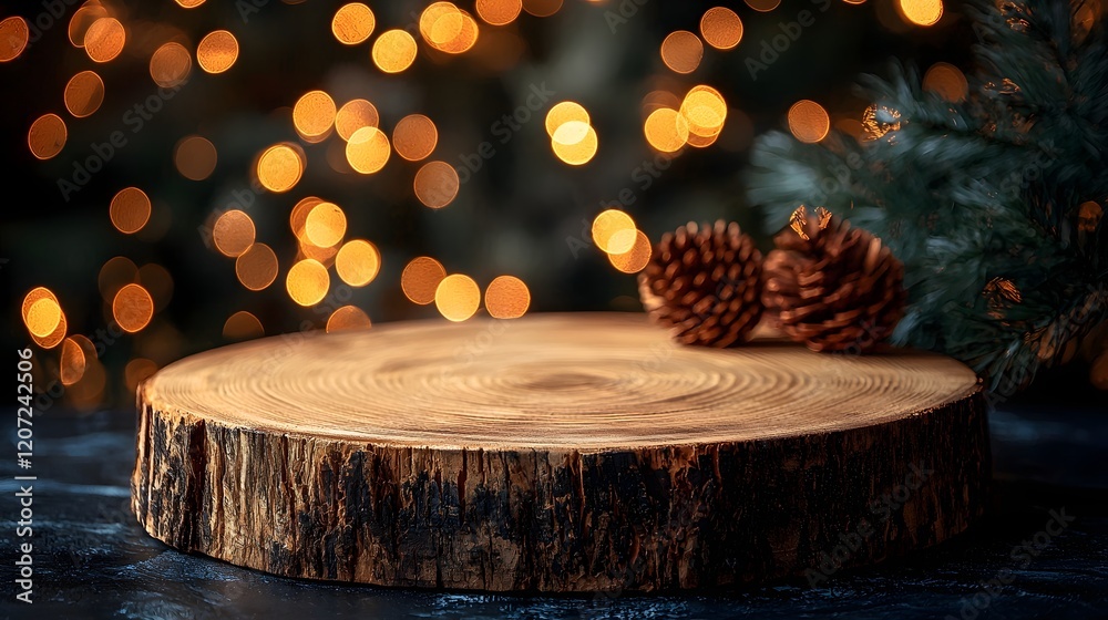 Poster Closeup of a rustic wooden plate with a natural weathered finish set against a background of a cozy golden bokeh glow creating a warm and festive atmosphere