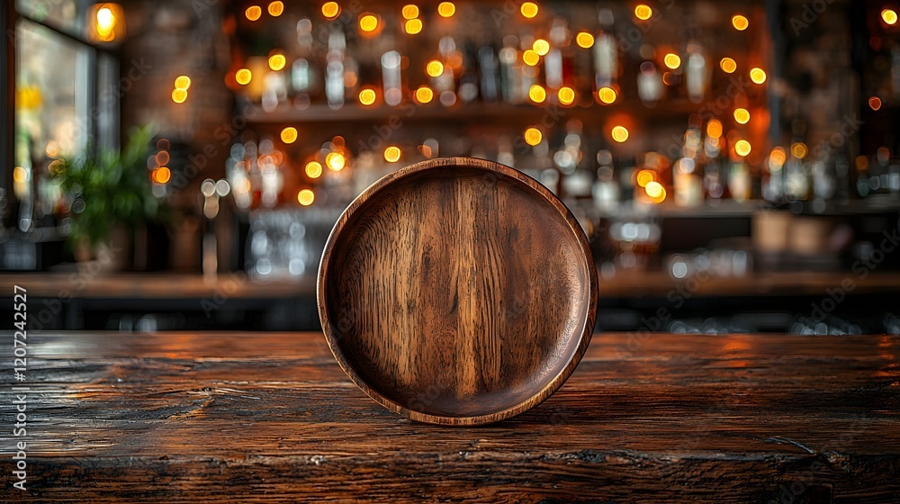 Aufkleber closeup of a wooden plate or platter placed on a textured weathered table in the foreground of a war