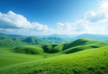 Green hills and blue sky with sun flare