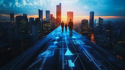 Fototapeta premium abstract professional business team people connection of line from nail node to node on Smart digital cityscap and skyline background , Innovation networking concept