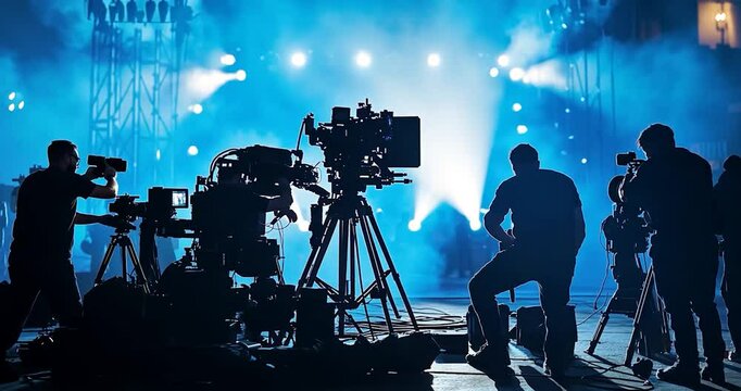 A movie production crew with cameras and lighting equipment, standing in front of an open set, blue lights shining on them, silhouettes of people working behind the camera
