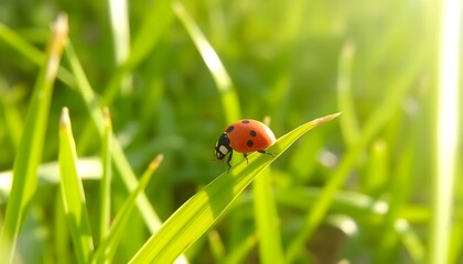 Obraz premium Ladybug on green grass. Close-up of a ladybug climbing a green grass blade in a sunlit meadow.