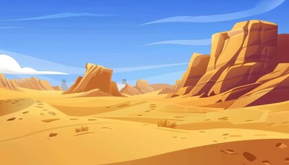 Naklejka premium A vast desert landscape with towering red rock formations under a bright blue sky.