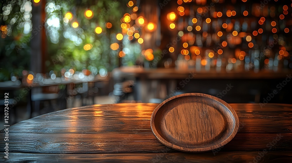 Poster cozy and inviting countryside bar scene featuring a wooden plate on a rustic wooden table surrounded
