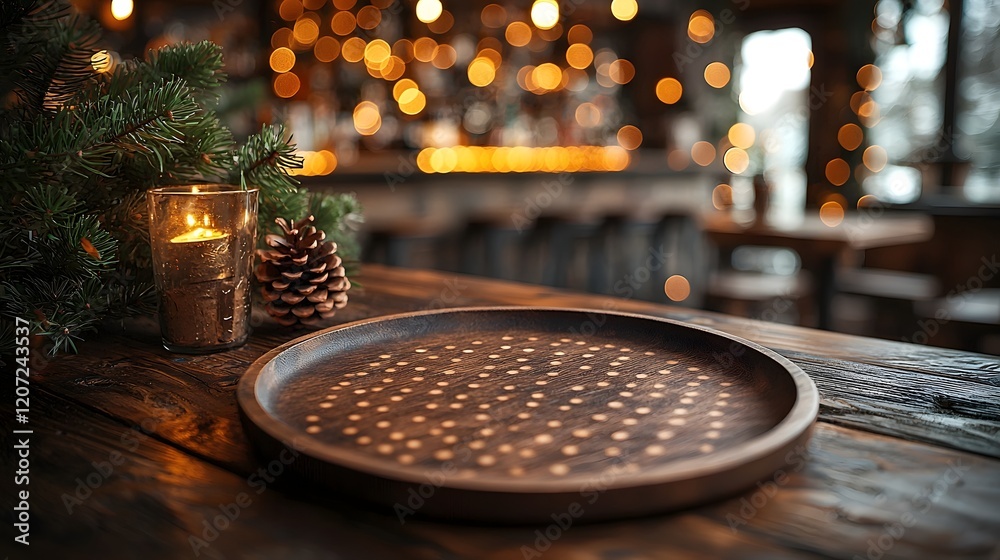 Aufkleber cozy and inviting countryside bar setting with a wooden plate and rustic table in the foreground sur