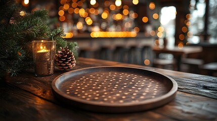 Cozy and inviting countryside bar setting with a wooden plate and rustic table in the foreground surrounded by a warm golden bokeh glow for a festive and intimate atmosphere