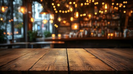 Cozy and inviting rustic bar scene with a wooden table in the foreground and warm blurred lighting elements in the countryside inspired background