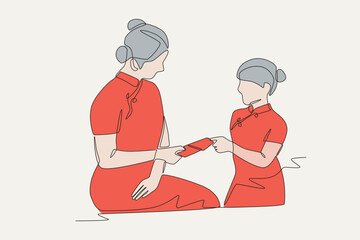 Colored children receiving red envelopes concept one-line drawing