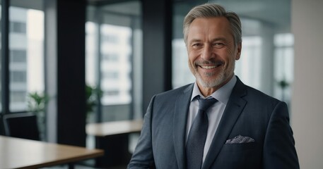 Fototapeta premium A confident 50-year-old businessman in a sharp suit stands in a modern office smiling warmly at the camera