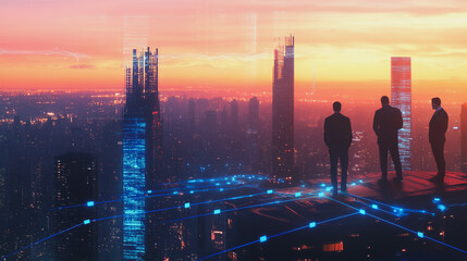 abstract professional business team people connection of line from nail node to node on Smart digital cityscap and skyline background , Innovation networking concept