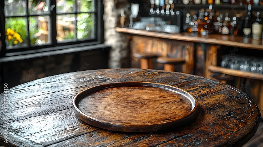 Poster cozy and rustic countryside bar or pub scene with a weathered distressed wooden table and a wooden p
