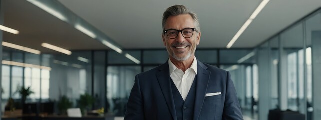 A confident 50-year-old businessman smiling while holding a digital tablet in a sleek office