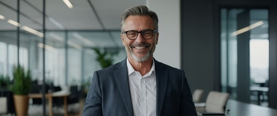 A confident 50-year-old businessman smiling while holding a digital tablet in a sleek office