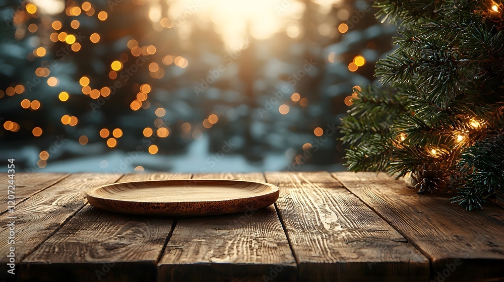 Poster cozy and rustic wooden table with a natural plate in the foreground surrounded by a soft and dreamy 