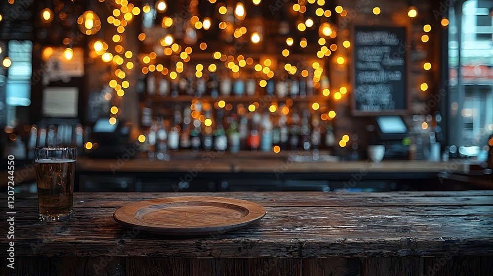 Leinwandbilder Cozy and warm rustic bar setting with a wooden plate and table in the foreground surrounded by a festive display of glowing bokeh lights that create a charming and inviting atmosphere
