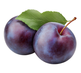 Two fresh plums with leaves isolated on transparent background