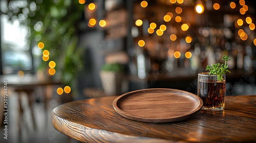 Leinwandbilder cozy bar setting featuring a wooden plate placed on a natural wood table with warm and inviting boke
