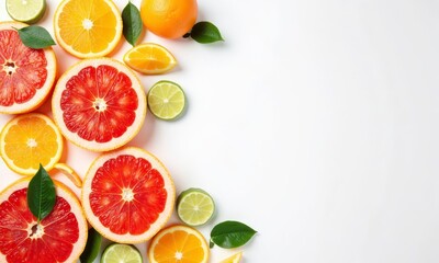 Halved grapefruits oranges limes leaves on white background