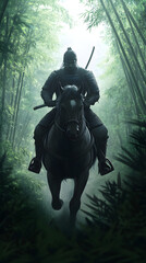 Naklejka premium A samurai on horseback galloping through a bamboo forest, his katana raised and his armor gleaming in the dappled light.