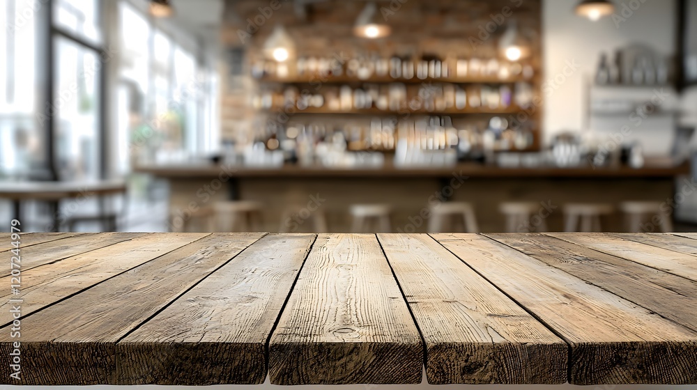Aufkleber cozy countryside bar scene featuring a detailed wooden table in the foreground and a blurred rustic 