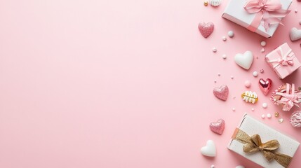 Flat lay Valentines Day composition featuring gift boxes and hearts on a pastel pink background Top view with space for text
