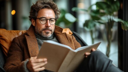 Relaxed Man Reading a Book in a Cozy Armchair