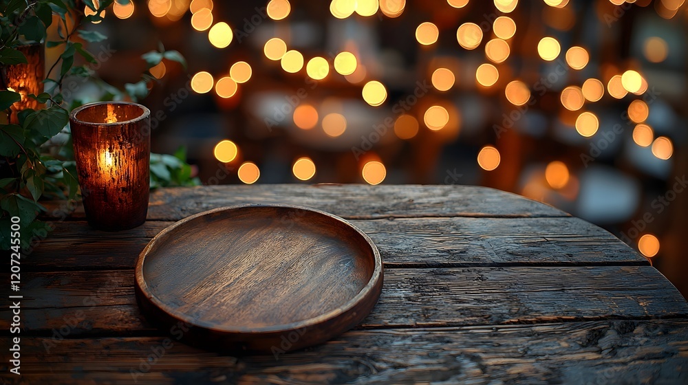Fototapete Cozy countryside bar setting with a weathered wooden table and plate in the foreground surrounded by a soft glowing backdrop of festive bokeh lights creating a warm and inviting atmosphere