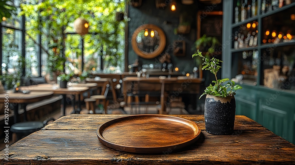 Aufkleber cozy countryside bar setting with a wooden plate and table in the foreground surrounded by natural t