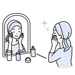 Minimalist duotone illustration of a young woman doing skin care in front of the mirror. Self care concept.  Simple kawaii line art.