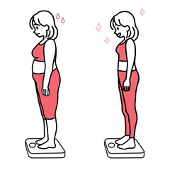 Minimalist duotone illustration of a young woman standing on the scale, fat and slim, comparing before and after weight loss. Simple kawaii line art.