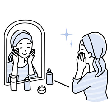 woman applying skincare in front of mirror clip art preview