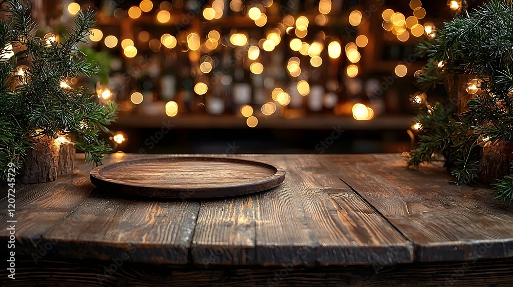 Poster cozy countryside bar with weathered wooden table and glowing bokeh lights in the foreground creating