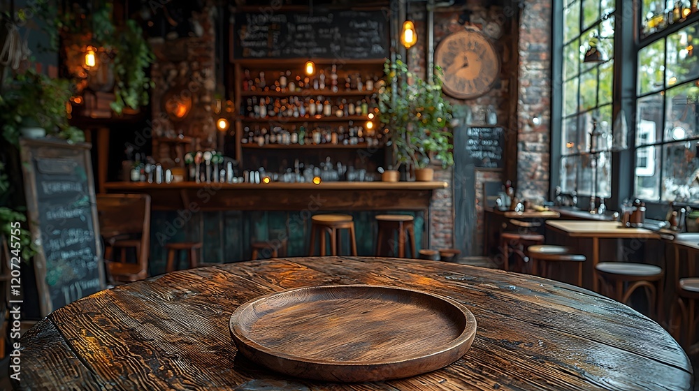 Poster cozy countryside bar with wooden plate and table in the foreground featuring a warm rustic decor and