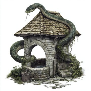 Serpent Coiled Around a Well Fantasy Setting Digital Art Enchanted Forest Mythical Perspective Dipsa Thirst Inducing Concept