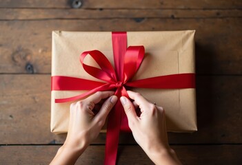 Hands tying red ribbon on wrapped gift box
