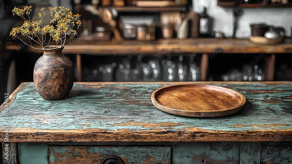 Aufkleber cozy rustic countryside bar scene featuring a weathered wooden table with a simple wooden plate idea