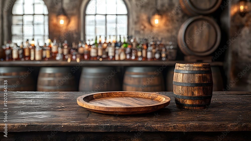 Poster cozy rustic wooden bar setting with weathered table vintage lighting fixtures and barrels completing