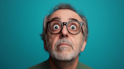 Man with glasses is staring at the camera with wide eyes. Concept of surprise or shock, as if the man is taken aback by something. The man's facial expression