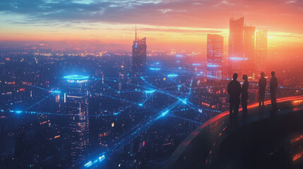 Fototapeta premium abstract professional business team people connection of line from nail node to node on Smart digital cityscap and skyline background , Innovation networking concept