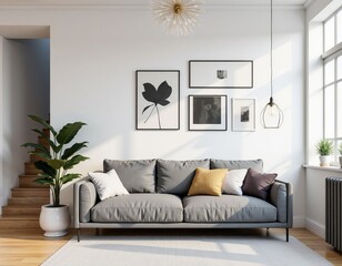 Fototapeta premium Living room with gray sofa, potted plant, and wall art