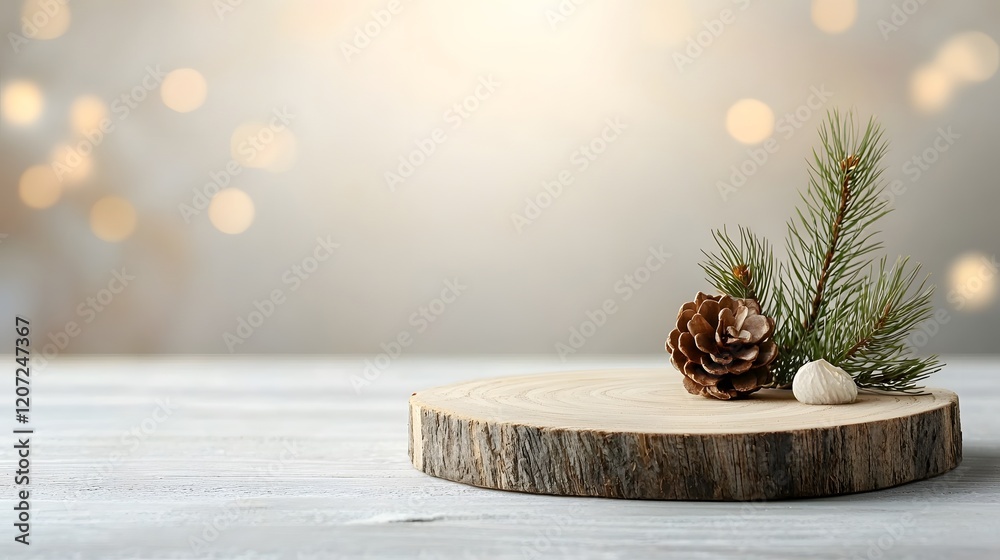Poster Detailed side view of a rustic wooden plate used as a background enhanced by a warm bokeh glow creating a cozy and natural setting perfect for festive holiday or winter themed designs