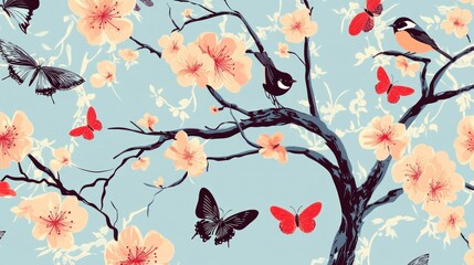 Peach blossoms, birds, butterflies, spring, garden, textile, design, pattern, background, illustration