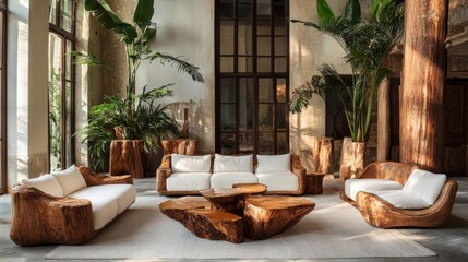 Rustic Modern Wooden Sofa Set in Spacious Living Room