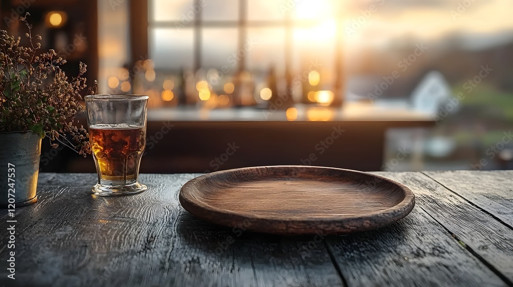 Aufkleber Detailed wooden plate positioned on a weathered rustic table in the foreground set against the blurred backdrop of a cozy countryside bar with warm inviting tones  The scene evokes a peaceful