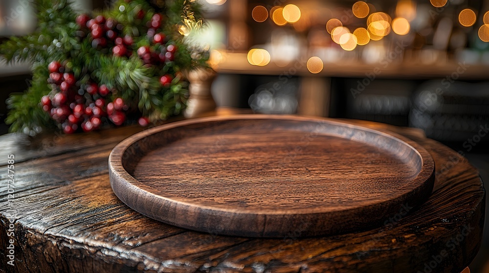 Fototapete Detailed wooden plate resting on a rustic wooden table surrounded by a warm soft bokeh lighting effect in the background creating a cozy and inviting atmosphere in a countryside bar or cafe setting