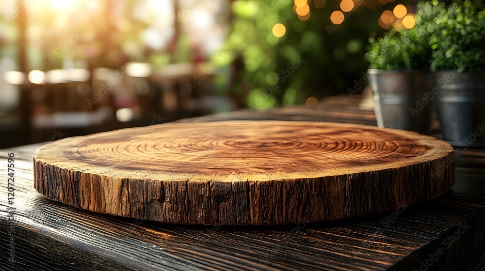 Fototapete Detailed side view of a rustic wooden plate used as a background enhanced by a warm soft bokeh glow creating a cozy and natural setting perfect for food cooking or lifestyle photography
