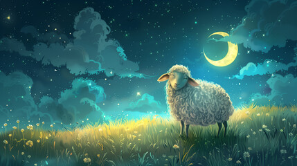 Cartoon Sheep in a Field of Flowers, Eid al adha.