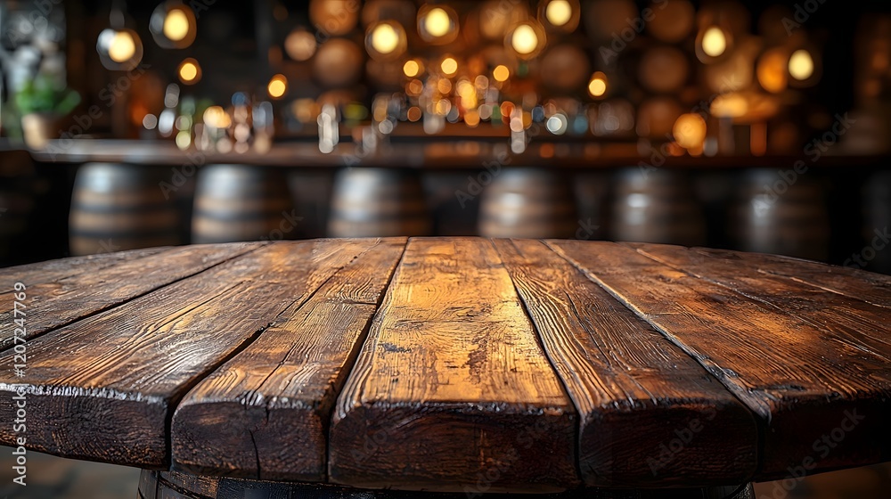 Fototapete Detailed wooden table in the foreground with a rustic countryside bar background featuring barrels and soft lighting creating a cozy and inviting atmosphere
