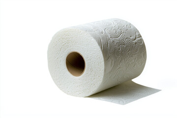 Fototapeta premium Detailed close-up of a roll of toilet paper showcasing its texture and patterns in a pristine white setting