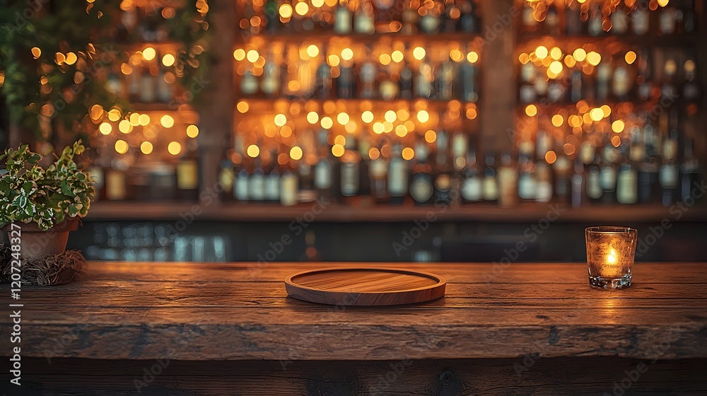 Poster Dreamy and Cozy Countryside Bar Scene with a Rustic Wooden Plate Resting on a Wooden Table Surrounded by a Gentle Golden Bokeh Glow and Warm Lighting Creating a Serene and Inviting Atmosphere